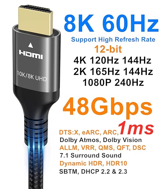 10K 8K 4K HDMI Cable 48Gbps 1.5 FT, Certified Ultra High Speed HDMI® Cable 4K 240Hz 144Hz 120Hz 8K60Hz 0.01ms HDR10+ eARC HDCP2.3 Netflix Roku TV PC Monitor Projector PS5 Xbox