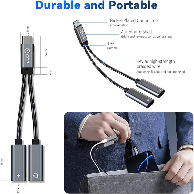 USB C Headphone Splitter,CCZ CA01 USB C to Type C Headphone Jack and Charger Adapter, 1 in 2 Out Dongle Hi-Res DAC Audio Cable with PD 60W Fast Charging for Samsung Galaxy S25 S24 S23 S22 (USBC-USBC)