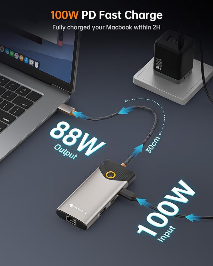 NOVOO USB C Hub Ethernet 4K@60 USB C HDMI Adapter Multiport Type C Adapter, 100W PD, 5Gbps USB-A/C Data Ports Docking Station Compatible for MacBook/iPhone/Dell/HP/Surface