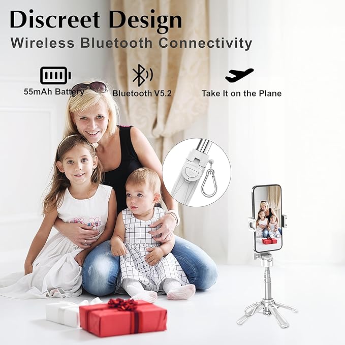 Mini Selfie Stick Tripod, Extendable Grip Phone Tripod with Detachable Remote Pocket Size, 4-in-1 Mini Phone Grip, 10m Wireless Shutter, Vlog Livestreaming Photography （White）