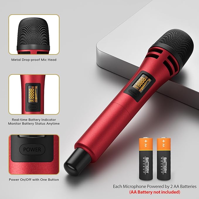 TONOR Wireless Microphones System with 4x10 Channels Cordless Handheld Microfono Inalambrico, UHF Mics with Stable Signal Transmission for Karaoke Singing Party Church Wedding PA Speaker 200ft Red