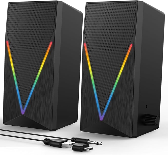RGB Desktop Speakers with Enhanced Bass, Volume Control & 6 Colorful Lights - USB Powered & 3.5mm Aux Gaming Speakers for Laptop, PC, Tablet, Phone