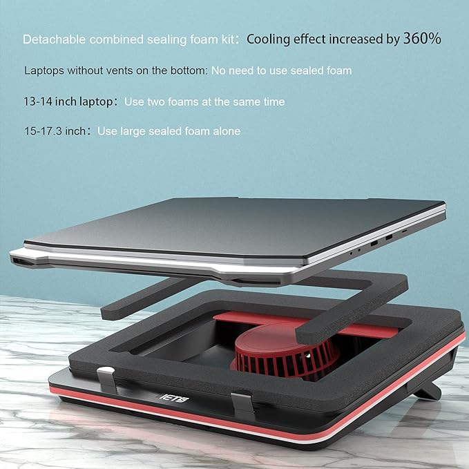 GT500 Powerful Turbo-Fan (5000 RPM) Laptop Cooling Pad with Infinitely Variable Speed,Seal Foam for Rapid Cooling Gaming Laptop,13-17.3inch Laptop Cooler with 3-Port USB Hub