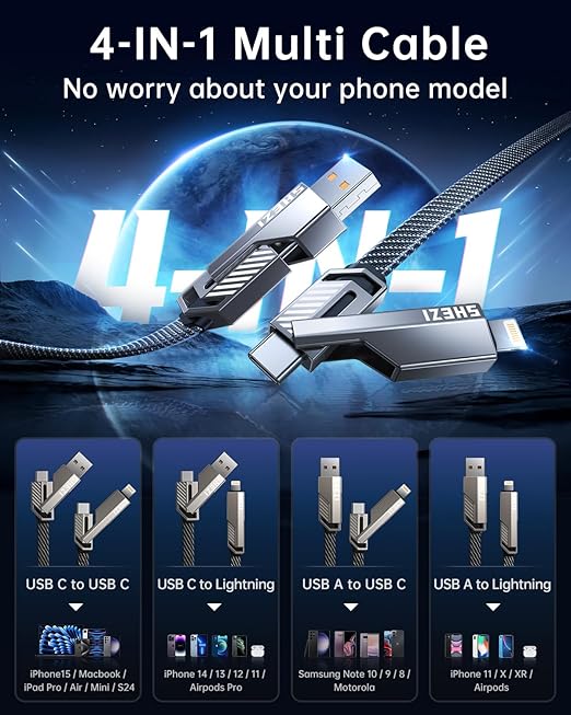 4-in-1 0.6FT Ultra Short USB C Cable Compatible with Lightning Cable [Fast Charging&Data Transfer] Flat Braided for iPhone iPad Charger Cord, Portable Multi Charger Cord Combo for Power Bank