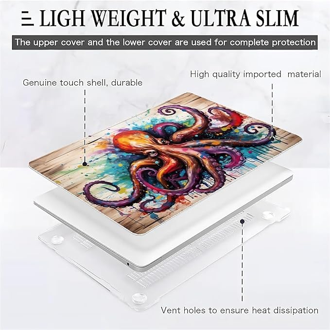 Compatible with MacBook Air 13.3 13.6 Inch Case 2022 2021 2020 2019 Plastic Hard Shell Case Cover,13.3 Pro(A1706/A1708/A1989/A2159/A2289/A2338), Octopus