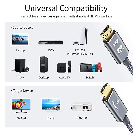 LEADSTAR HDMI Cable 4K 75 ft Fiber Optic, 4K 60Hz 18Gbps High Speed HDMI 2.0 Cord Braided | Ultra HD, HDR10, 1080p, eARC, 3D, HDCP 2.2 | for Xbox, PS5, TV, Laptop, Monitor