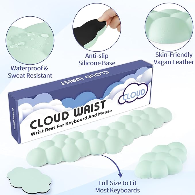 Cloud Wrist Rest for Keyboard and Mouse, Memory Foam PU Leather Keyboard Wrist Rest with Ergonomic Support, Non-Slip Base, Cute Arm Rest Pad & Palm Cushion, Office Desk Accessory, Light Green