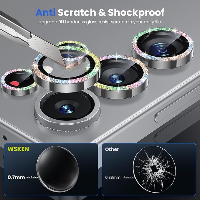 WSKEN for Samsung Galaxy S25 Ultra Camera Lens Protector - Ultra Thin Case Friendly, 9H Shatterproof Tempered Glass with Aluminum Metal Circle Camera Screen Protector Cover Accessories, Glitter Color