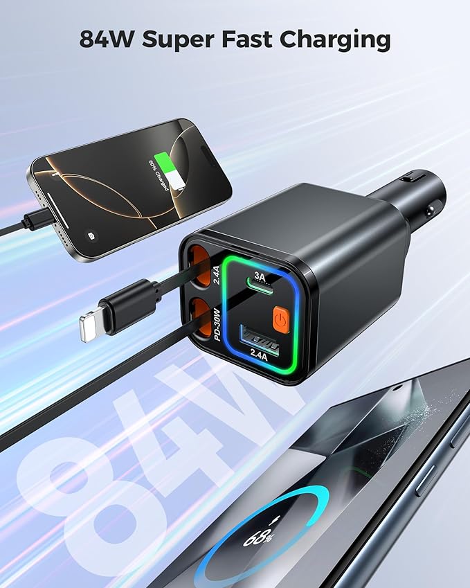 Retractable Car Charger 84W, 4-in-1 Fast Car Charger with Retractables 2.6ft, Cigarette Lighter Charging Block USB+USB C Cube for iPhone 16 Pro MAX 15 14 13 12 Plus,Samsung Galaxy,Pixel