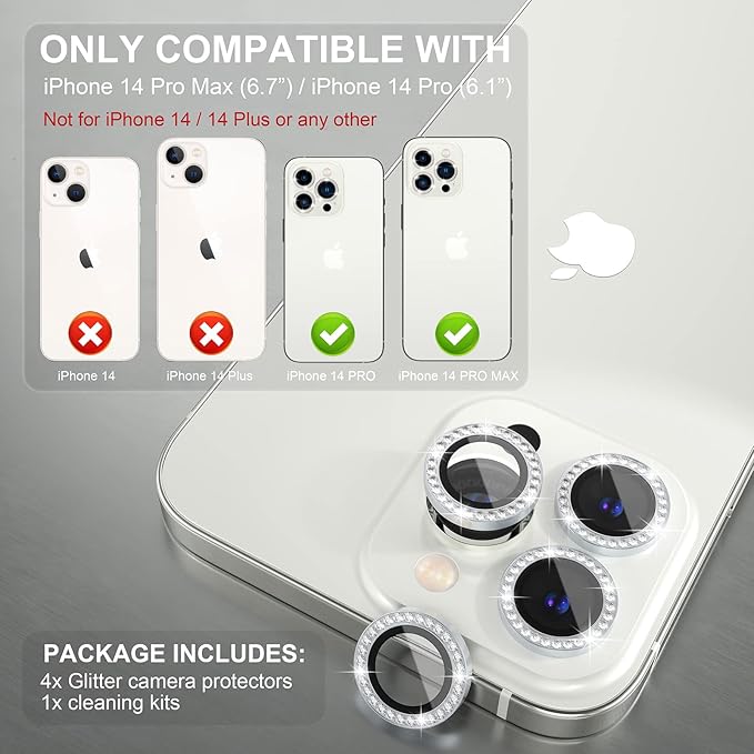 Choiche [3+1 for iPhone 14 Pro/iPhone 14 Pro Max Camera Lens Protector Bling, 9H Tempered Glass Camera Cover Screen Protector Metal Ring Decoration Accessories (Diamond-Silver)