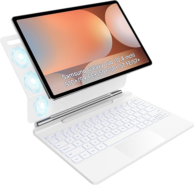 HOU Keyboard for Samsung Galaxy Tab S10+ Plus/S9+ Plus/S9 FE+ Plus/S8+ Plus/S7+ Plus/S7 FE 12.4" with Magnetic Case,Floating Cantilever,Multi-Function Trackpad,7 Colors Backlit,S Pen Holder,White