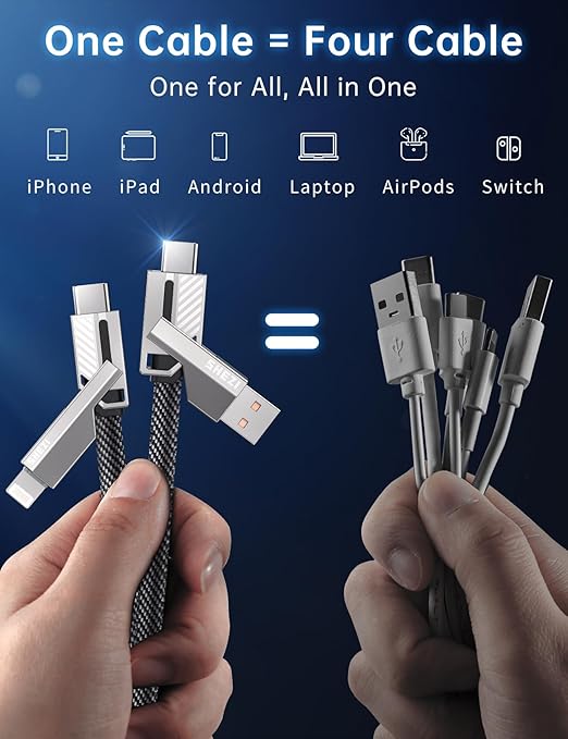 [One is Enough] 4-in-1 Compatible with USB C to Lightning Cable, 45W High-Speed Charging & Fast Data Transfer,CarPlay & Android Auto Support Multi Charger Cord Combo for iPhone/Samsung/iPad,5FT