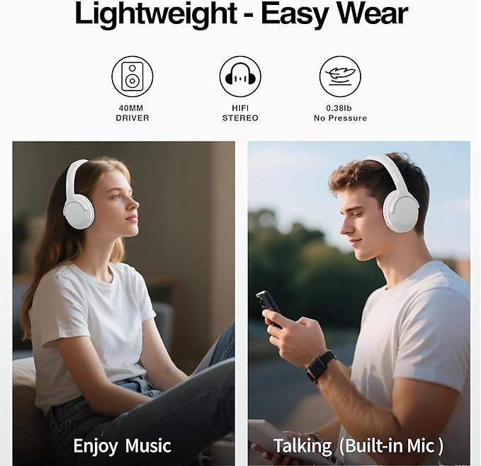 MIDOLA Bluetooth Headphones Over Ear 68H Playtime 6 EQ Wireless Headset with Microphone HiFi Stereo Foldable Lightweight Deep Bass for Travel Home Office Cellphone White