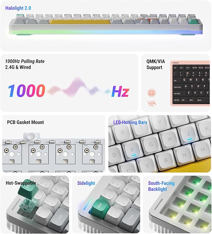 nuphy Halo96 V2 Wireless Keyboard,Gasket Structure,96% Hot Swappable Gaming Keyboard, 99 Kyes RGB Backlit Mechanical Keyboard, Support QMK/VIA,Bluetooth/USB-C/2.4GHz-Blue,Mint Switches (37gf)