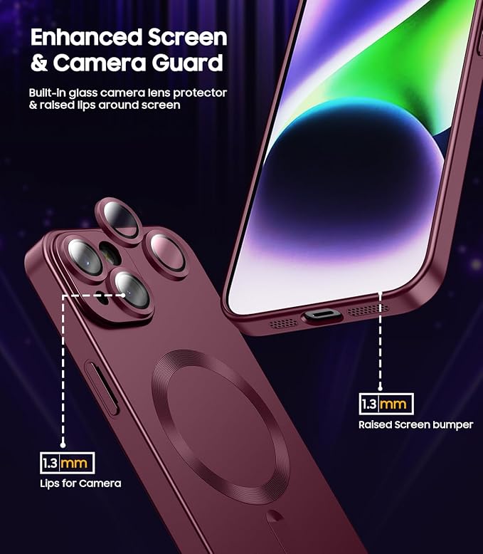 Magnetic for iPhone 14 Case [Compatible with MagSafe][Built-in Camera Lens Protector] Slim Soft Silicone Bumper Shockproof Metallic Luster Phone Case (Burgundy)