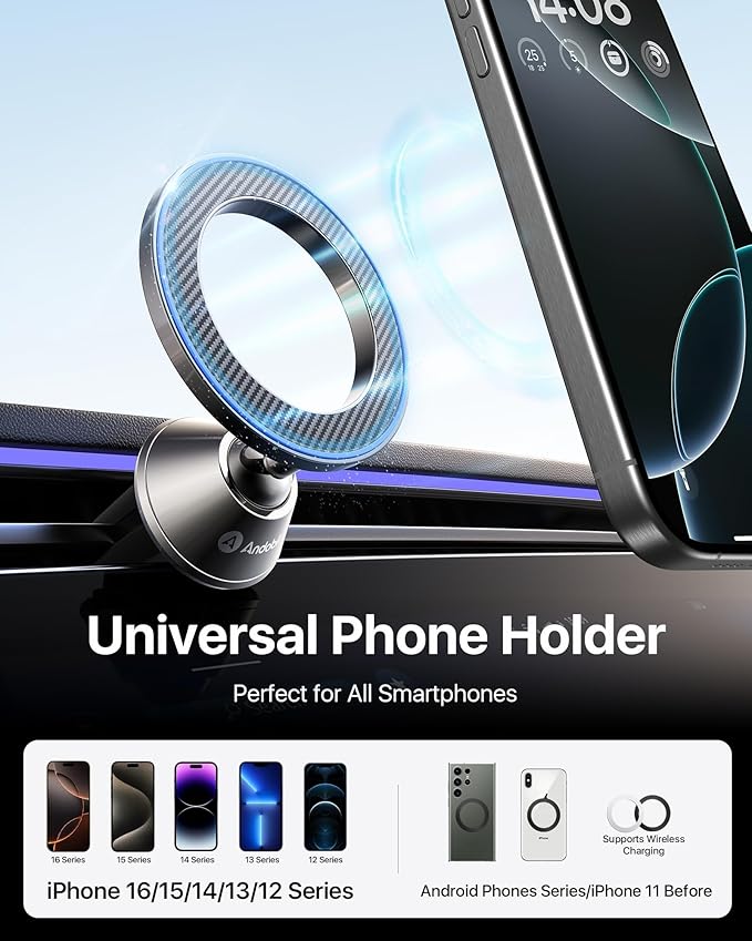 andobil for Magsafe Car Mount [Strongest Magnet, Easy Installation] All Metal Magnetic Car Phone Holder for Samsung Galaxy S25, 360° Air Vent Car Phone Mount, Fits for iPhone 16/15, and MagSafe Cases