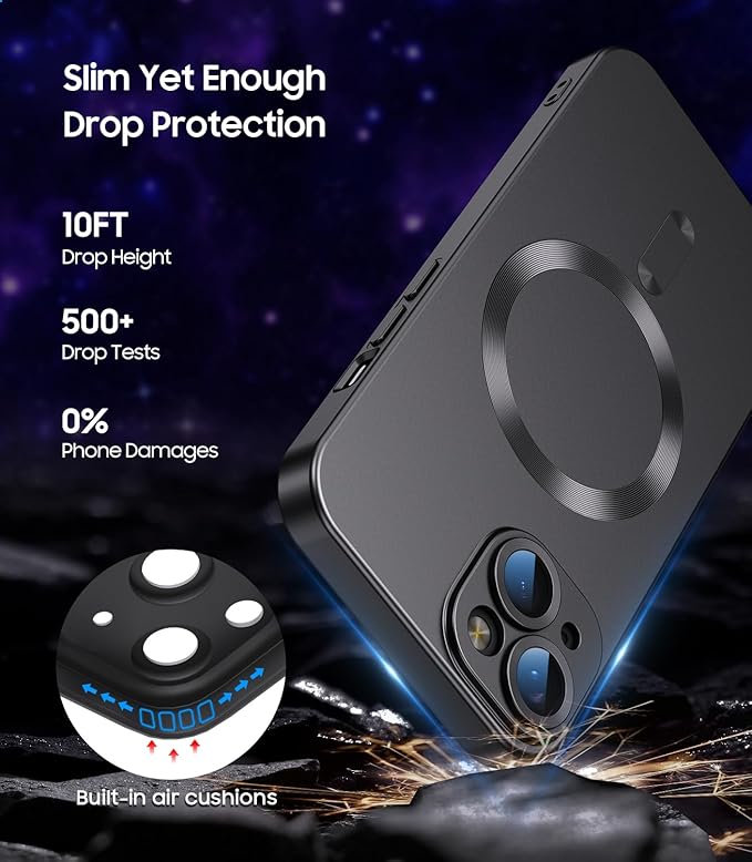 Magnetic for iPhone 14 Plus Case [Compatible with MagSafe][Built-in Camera Lens Protector] Slim Soft Silicone Bumper Shockproof Metallic Luster Phone Case (Black)