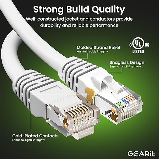 GearIT Cat 6 Ethernet Cable (24-Pack 6 Feet) Cat6 Network Patch, 10Gbps, RJ45, Snagless Cord, Gold-Plated Connectors, Internet for PC, TV, Tablet, Router, Printer, Servers, IT Data Center - White