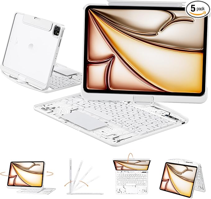 Transparent Case with Keyboard for iPad 11th Gen 11 Inch.(A16, 2025) & 2022 iPad 10th Gen 10.9 Inch,7-Color Backlit,Wireless Keyboard, 360°Rotating,with trackpad,Pencil Holder,with Shortcuts,White