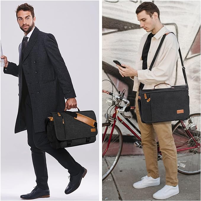 ESTARER Messenger Bag 17-17.3 Inch, Men's Computer Bag Water-resistant Canvas, Teacher Laptop Satchel for Work Office College, Dark Grey