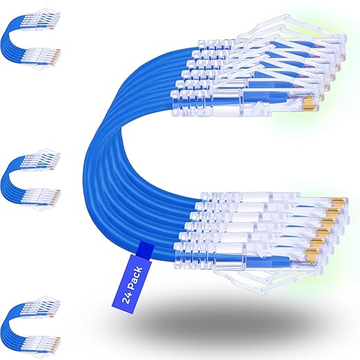 Rapink 24 Pack Cat6a Ethernet Patch Cables 0.5ft Blue, Supports 10G, Snagless, Slim, Ideal for Patch Panel to Switch, Data Center, Improves Airflow