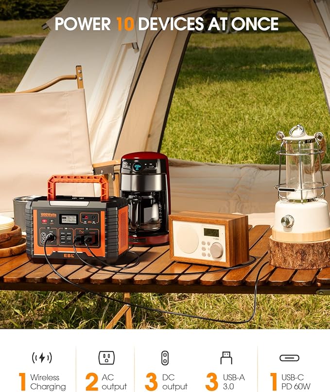 EBL 1000W Solar Generator with 200W Portable Solar Panel, Power Station 1000W, Backup Battery Pack - Solar Kit for RV/Van Camping, Outdoor Home Emergency
