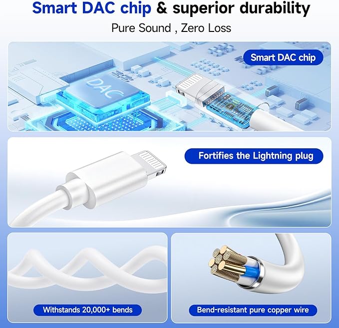 [Apple MFi Certified] 2-in-1 Charging & Audio Adapter for iPhone, Lightning to 3.5mm Headphone Jack Dongle Splitter, Supports Hi-Res Lossless Sound, Compatible with iPhone 14/13/12/11/XS/XR/8/7 5Pack