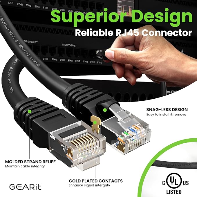 GEARit Cat 6 Ethernet Cable (1-Pack 5 Feet) Cat6 Network Patch, 10Gbps, RJ45, Snagless Cord, Gold-Plated Connectors, Internet for PC, TV, Tablet, Router, Printer, Servers, IT Data Center - Black