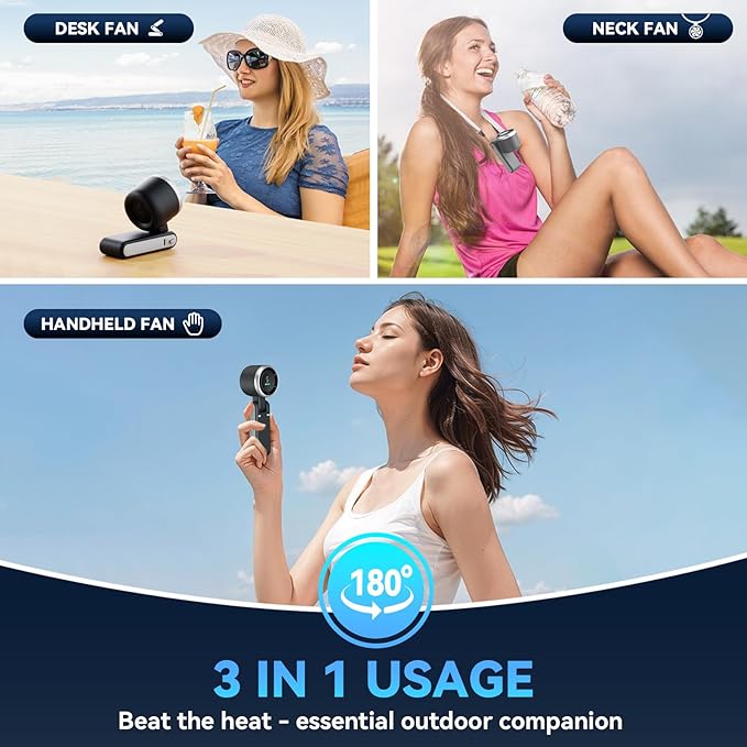 Portable Handheld Turbo Fan, 5 Gear Wind, Battery Operated, Up to 12 Working Hours, 3 IN 1 Hand Fans with Air Turbo Tech Cooling Fan for Outdoor Activities, Travel, Beach (Black)