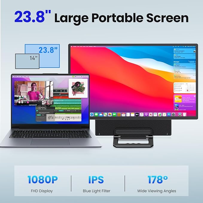 23.8'' Portable Monitor,FHD 1080P 100Hz IPS Laptop Screen Extender,USB-C HDMI Large Office Gaming Second Monitor Extender with Detachable Stand for Mac Windows PS5 Xbox Switch(Built-in Speakers)