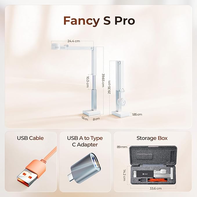 CZUR Fancy S Pro USB Document Camera for Teacher, 12MP 4K Webcam with Microphone and LED Light, Up to 60fps, Auto Focus, for Remote Teaching, Web Conference, for Mac and Windows, White