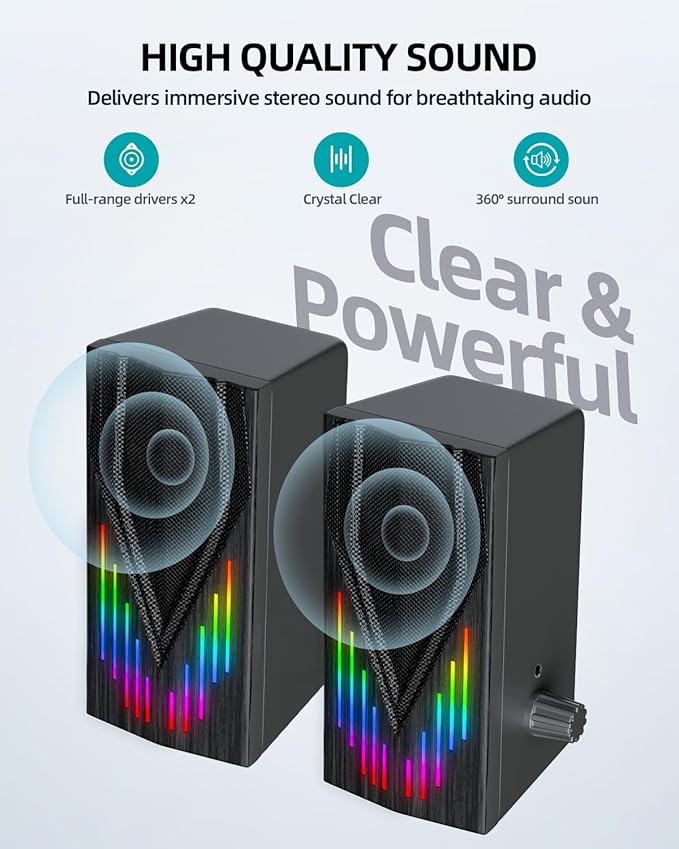 Computer Speakers with 6 Colorful RGB Lights,USB Powered 3.5mm Aux with Loud Stereo Sound,Headphone-in for Desktop,PC/Laptop/Tablet Phone