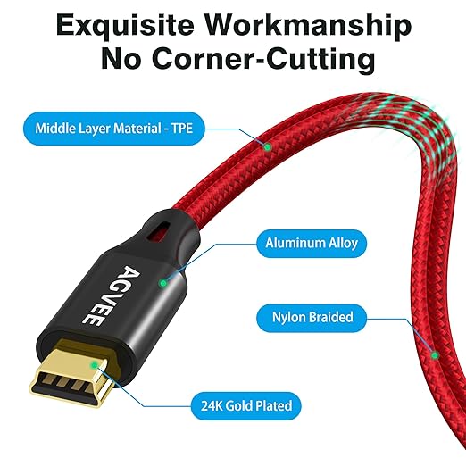 AGVEE 6.6ft Mini USB Cable, Braided Durable USB-A to Mini-B Charger Charging Cord for TI-84, Garmin GPS, Go-Pro Hero 4 3 2 HD, PS3 Controller, Canon Camera, Blue Yeti Microphone, Red