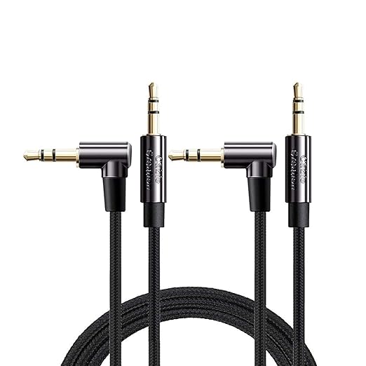 CableCreation 2-Pack 3.5mm Aux Cable 3FT/0.9m, 90 Degree 3.5mm Male to Male HiFi Cable with Silver-Plating Copper Core for Car Stereos, iPhones, PS4 Headset, Beats, Echo-Dot, 24K Gold Plated