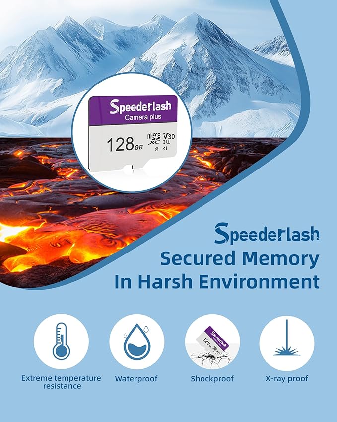 Micro SDXC Memory Card 128GB-Speederlash Camera Plus TF Card with Adapter, Up to 90MB/s Read Speed, 4K UHD&5K Video Support, U1, V30, A1 Rated, Waterproof, for Security Camera, Dashcam