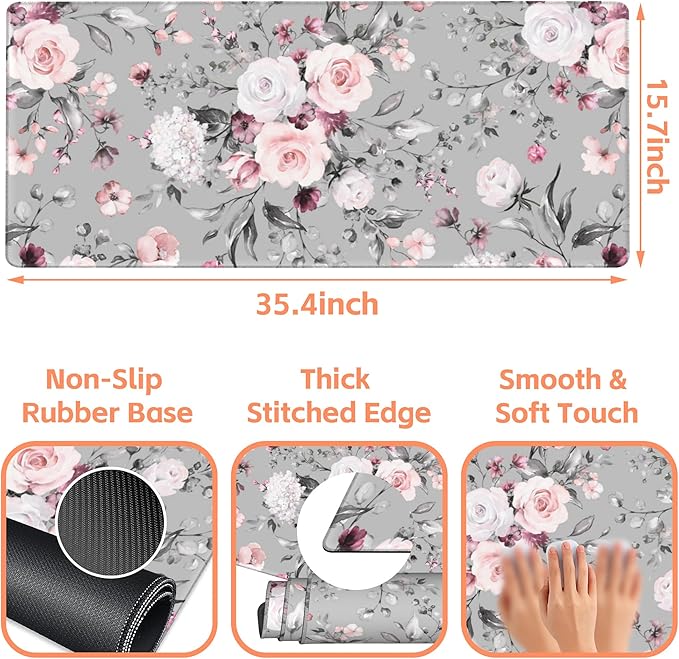 Mouse Pad Large Watercolor Rose Non-Slip Gaming Desk Mat with Stitched Edge Laptop Keyboard Desk Pad for Work Home Gaming (35.4 x 15.7 Inches)