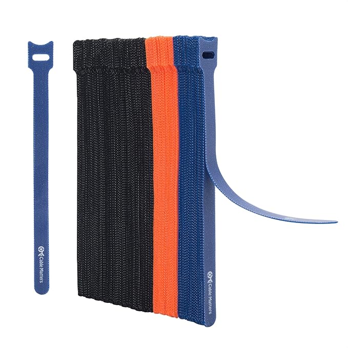 Cable Matters 100-Pack 8-inch Hook-and-Loop Reusable Wire Ties/Cable Ties with 42 lbs Tensile Strength - Multi-Color Black, Blue, and Orange Cord Wrap, ZipTies, Cable Management Straps