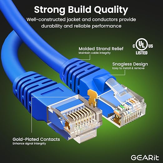 GearIT Cat 6 Ethernet Cable Pack - 10-Pack 20 ft Cat6 Ethernet Patch Cables | RJ45 Network Patch Cable, 10 Gbps Snagless Gold-Plated Connectors - Ethernet Cable Cat 6 for PC, TV, Router - Blue