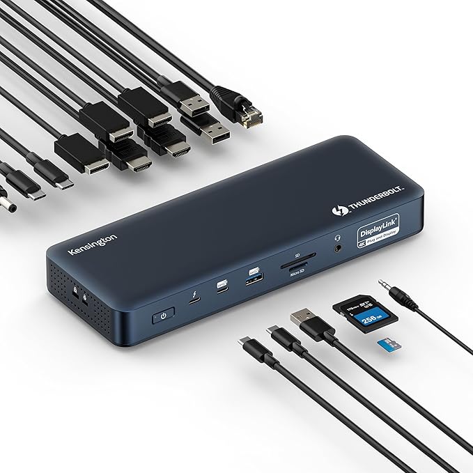 Kensington SD5900T DisplayLink Docking Station Thunderbolt 4, Quad 4K for MacBook Pro/Air M1/M2/M3/M4 with Pro and Max Chipsets, 100W PD, HDMI/DP/TB4, SD/Micro SD Card Slots - Midnight Blue (K35232NA)