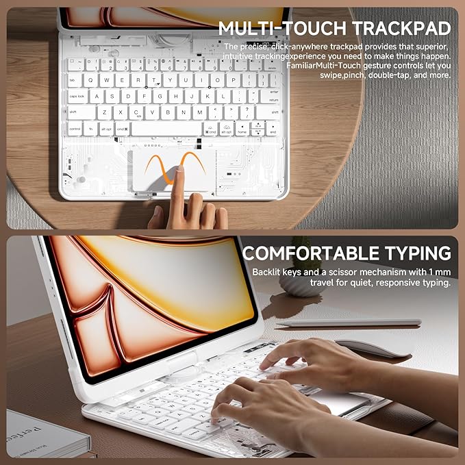 Transparent Case with Keyboard for iPad 9th (7th, 8th, and 9th Gen) 10.2 Inch,with 7-Color Backlit Wireless Keyboard,360°Rotatable Protective Case Multi-Touch Trackpad,with Pencil Holder,White