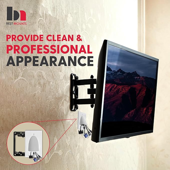 BestMounts - 1 Pack In Wall Cable Management Kit - Recessed Wall Plate Cable Pass Through Pair with Single Gang Low Voltage Mounting Bracket - TV Cord Hider for Wall Mounted TV ETL Listed