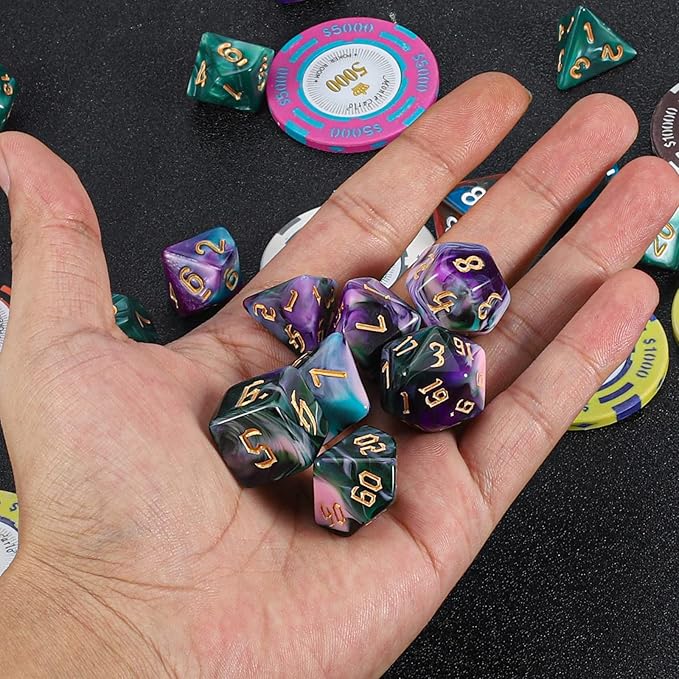 QMAY DND Dice Set -D&D Polyhedral Dice (7 Pcs) for Dungeons and Dragons (Purple Green Four Colors)