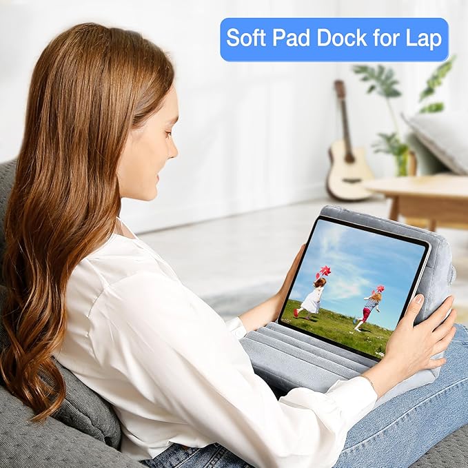MOSISO Tablet Pillow Stand,Soft Tablet Holder for Lap,Tablet Soft Pad Dock with Pockets&Stylus Slot&4 Viewing Angles Compatible with iPad Pro 12.9,11,10.5,9.7,Air Mini 6,5,4,3, E-Reader, Gray