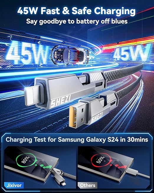 [One is Enough] 4-in-1 Compatible with USB C to Lightning Cable, 45W High-Speed Charging & Fast Data Transfer,CarPlay & Android Auto Support Multi Charger Cord Combo for iPhone/Samsung/iPad,3FT