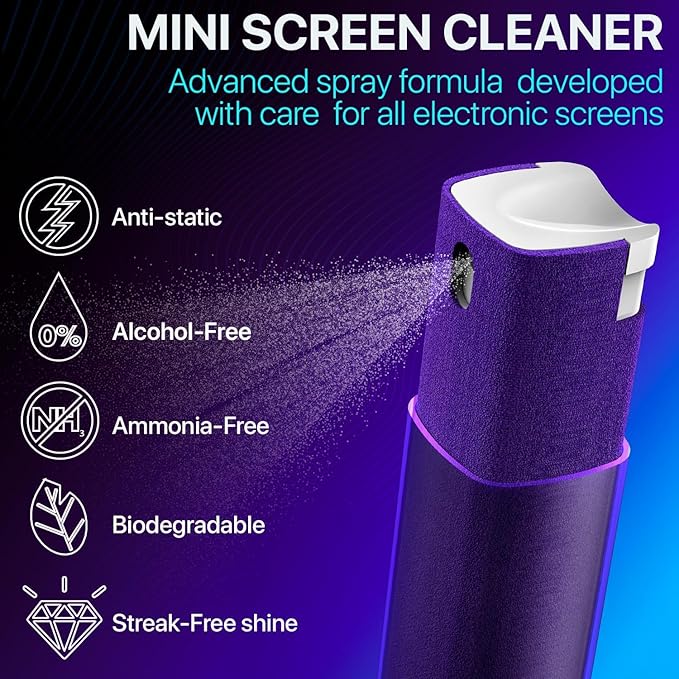 Mini Screen Cleaner Spray – Finger Proof Screen Cleaner for Smartphones, iPads, MacBooks, Laptops, Car Screens, Touchscreens – 3in1 Mist Cleaner, Microfiber Cloth and Cover (Navy Blue)