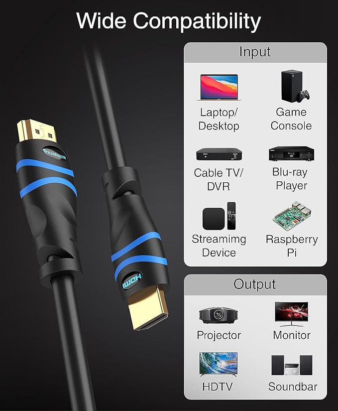 BlueRigger 8K HDMI Cable (10FT, 8K 60Hz HDR, 4K 120Hz, High Speed 48Gbps with Ethernet, eARC, 3D, HDCP 2.3) - Compatible with PS5, Xbox, Roku, Apple TV, Switch, PC