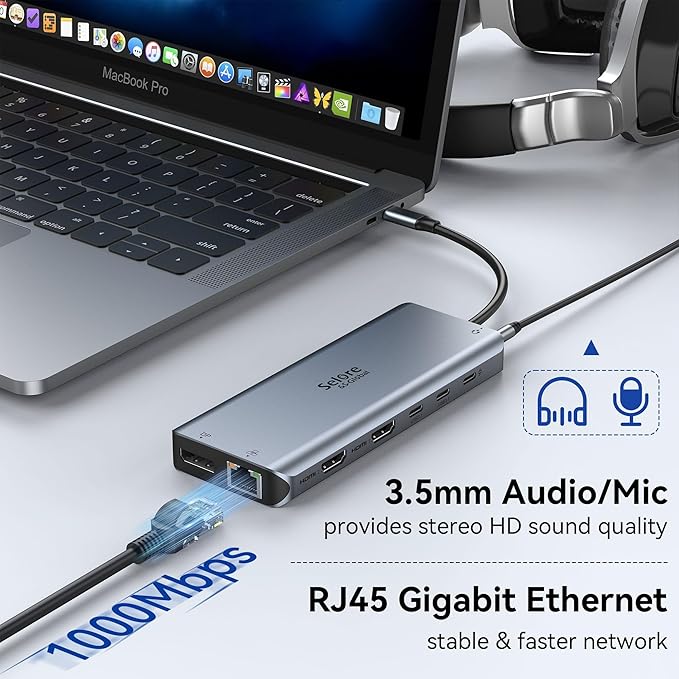 USB C Docking Station Dual Monitor,Selore 13 in 1 USB C Hub 3 Monitors with Dual HDMI,DP,10G USB A/C,100W PD,5 USB A/C Ports,Gigabit Ethernet,Laptop Docking Station for Dell,Hp,Lenovo,MacBook.etc
