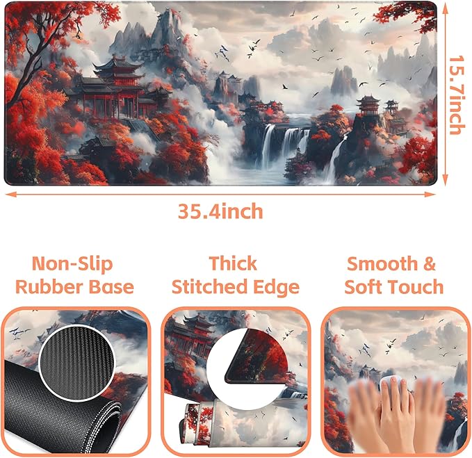 Mouse Pad Large Chinese-Style Landscape Painting Non-Slip Gaming Desk Mat with Stitched Edge Laptop Keyboard Desk Pad for Work Home Gaming (35.4 x 15.7 Inches)