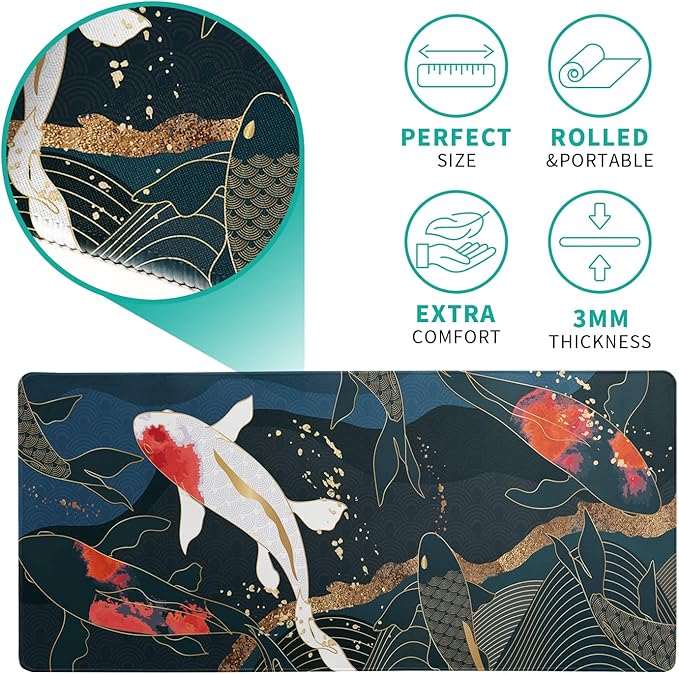 Fish Art Mouse Pad 31.5x11.8 Inch Japanese Gaming Full Desk Mousepad Extended Large Non-Slip Rubber Base Waterproof Big Keyboard Mat with Stitched Edges for Home Gaming and Office
