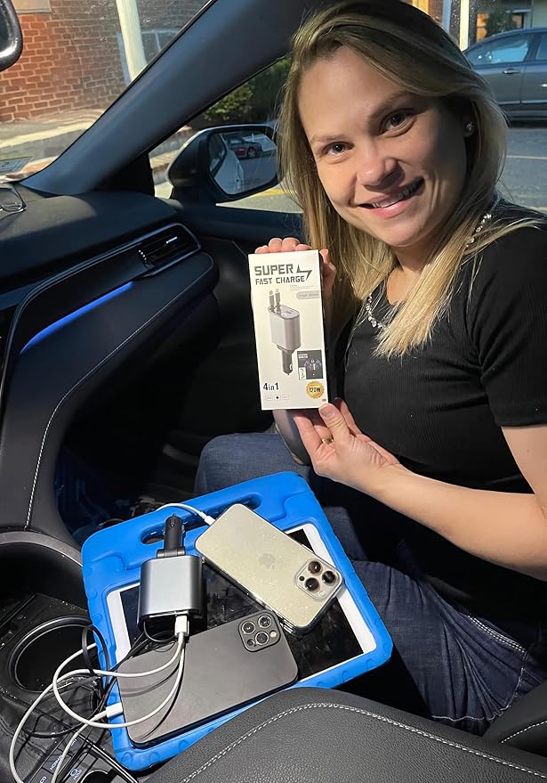 Multi Charge Pro iPhone Car Charger Fast Charging Retractable Car Charger USB C Auto Adapter, Powerful 120W 4-Port USB-C & USB-A and Lightning iPhone, Samsung, Tablets...